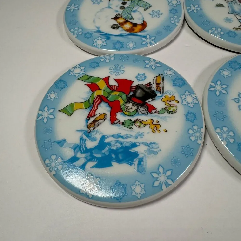 Alice in Winterland Coasters Foam Bottom Ceramic LOT of 4 Winter Christmas XMAS